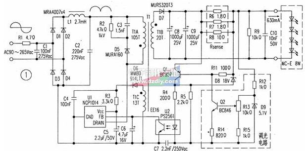 使用NCP1014带PFC的离线8w LED反激式电源电路图