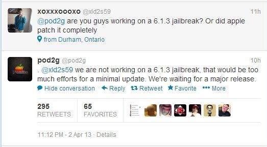 pod2g在Twitter明确表示将不会在iOS 6.1.3上浪费时间