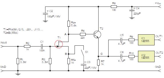 图3：采用两个工作在不同频率下的555定时器电路，以获取不同的音效。