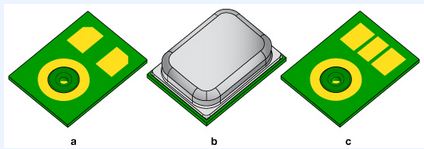 图8. 助听器用全向MEMS麦克风 a) 仰视图；b) 俯视图；c) 便于手工焊接的封装俯视图