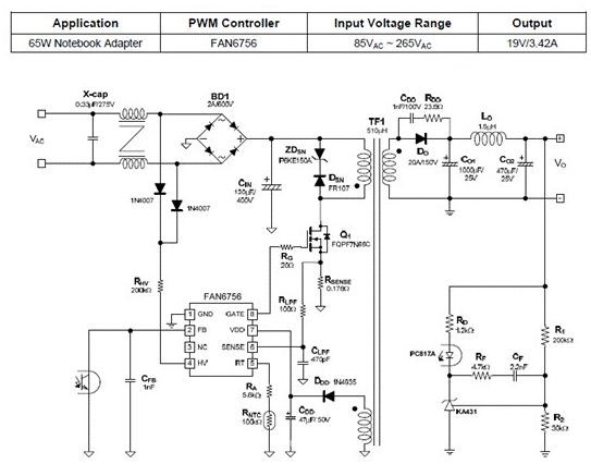 图示- FAN6756 65W笔记本电脑电源规格说明以及电路图