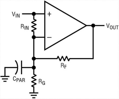 图5a：减小C<sub>par</sub>效应的方法；增加了R<sub>in</sub>的同相放大器电路。