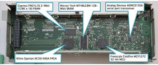 图8：Micro850上的主处理板由负责系统管理、运行时控制和用户界面的飞思卡尔(现恩智浦)Coldfire MCF5372 32位MCU、提供通信和电机控制及可能一些专有功能的赛灵思Spartan XC351400A FPGA组成。