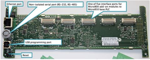 图9：Micro850主处理板的背面展示了主要的用户I/O以及用于Micro800扩展模块的5个接口，可以用来根据需要扩展PLC功能，因此使得Micro850特别灵活。