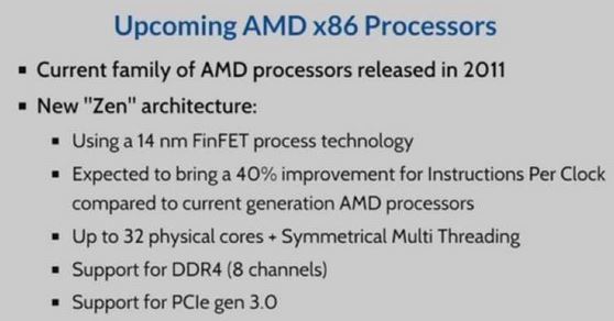 AMD新处理器“Zen”内置32颗物理核芯 性能提升40%