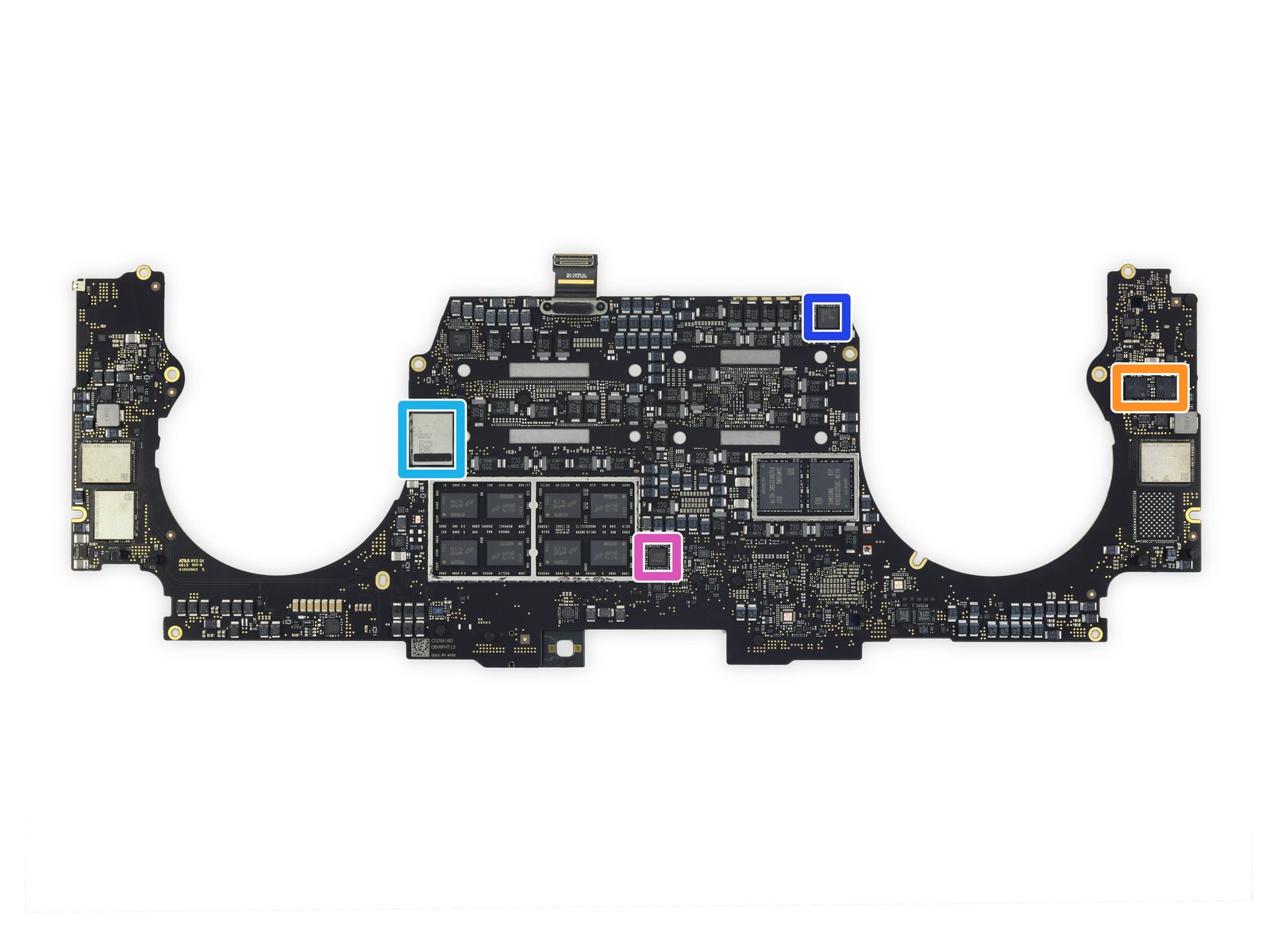 浅蓝色：339S00610苹果WiFi/蓝牙模块  深蓝色：Intersil 6277 PWM调节器  粉紫色：Renesas 225101C 